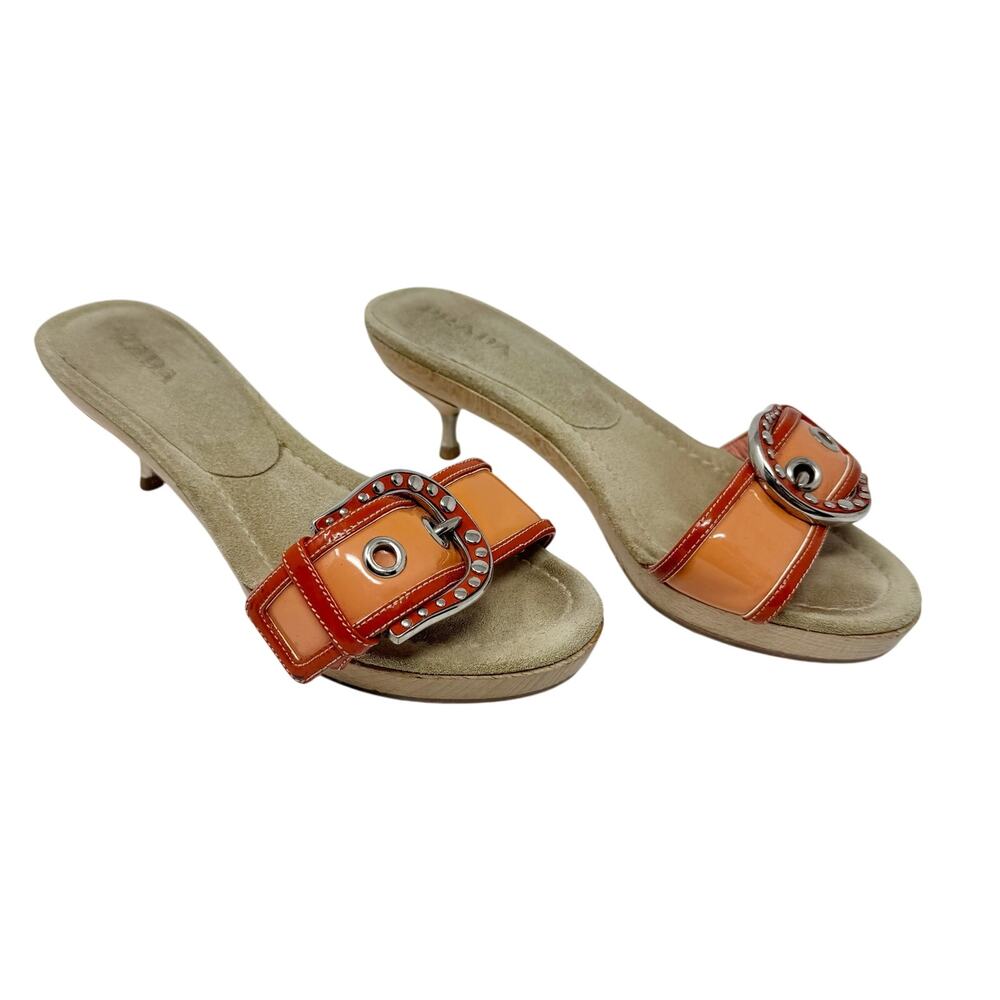Prada Vintage Wood Platform Kitten Mule Orange Patent Buckle Studded EU 37 Y2K